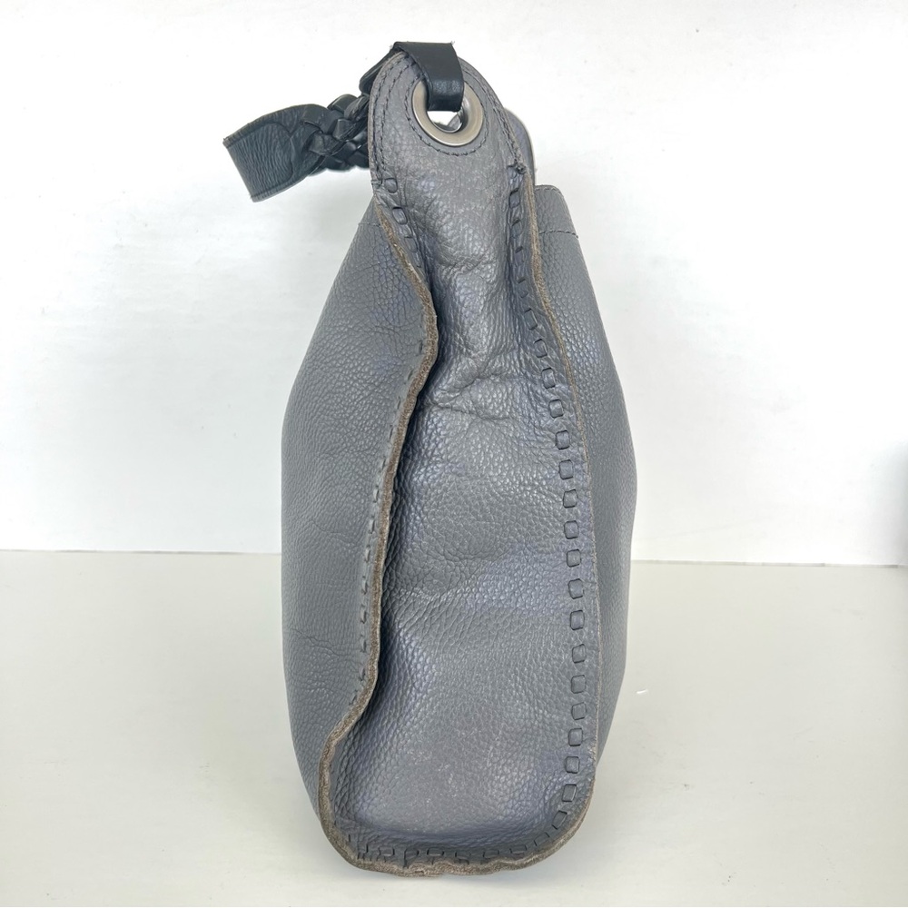 LUCKY BRAND Gray Pebbled Leather Black Braided Handles Stitching Shoulder Tote - Picture 3 of 12